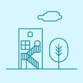 Vector City Thin Line Office Building With Tree And Cloud. Town Business Real Estate Apartment Concept Icon