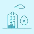 Vector City Thin Line Office Building With Tree And Cloud. Town Business Real Estate Apartment Concept Icon
