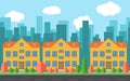 Vector city with three cartoon buildings. Summer urban landscape. Royalty Free Stock Photo