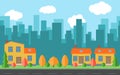 Vector city with three cartoon houses and buildings Royalty Free Stock Photo