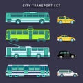 Vector city transport set in flat style. Urban vehicles infographics. Municipal bus, tram, train, trolleybus,taxi icons. Royalty Free Stock Photo