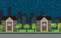 Vector city with two two-story cartoon houses and green trees at night