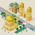 Vector cityscape in arabian style. Set of isometric buildings, mosque, minarets, fortress gate, roadway, benches, trees, cars and