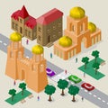 Vector cityscape in European architectural style. Set of isometric buildings, church, fortress wall with towers, roadway, benches