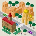 Vector cityscape in European style. Set of isometric buildings, city hall, church, fortress wall with towers, roadway, benches,
