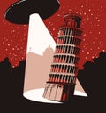 Banner with a flying UFO above the Leaning Tower Royalty Free Stock Photo