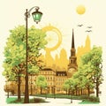 Vector cityscape in retro style on the theme of spring. AI Royalty Free Stock Photo