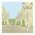 Vector Cityscape, the wide avenue with vintage bui