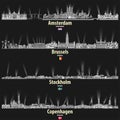 Vector cityscapes of Amsterdam, Brusselsm Stockholm and Copenhagen in black and white color palette. flags of Netherlands, Belgium Royalty Free Stock Photo