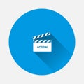 Vector clapper for movie with inscription icon on blue background. Flat image with long shadow