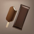 Vector Classic Bitten Popsicle Choc-ice Lollipop Ice Cream in Chocolate Glaze on Stick with Brown Plastic Foil Wrapper Royalty Free Stock Photo