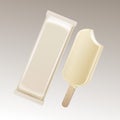 Vector Classic Bitten Popsicle Choc-ice Lollipop Ice Cream in White Chocolate Glaze on Stick with White Plastic Foil Royalty Free Stock Photo