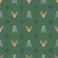 Vector classic christmas seamless pattern with stylized reindeer heads, spruces and snowflakes