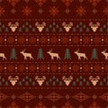 Vector classic christmas seamless pattern with stylized reindeers, spruces and snowflakes