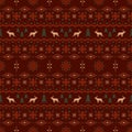 Vector classic christmas seamless pattern with stylized reindeers, spruces and snowflakes