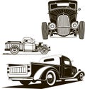 Vector classic hot rod car set, clip art, monogram, graphic illustration, front view, side view, isolated