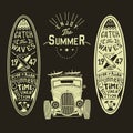 Vector classic hot rod front view with with surf boards surf car poster surfing surf shop label logo