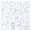 Vector cleaning doodle elements set isolated on white background. Hand drawn bucket, broom, sponge, linen basket