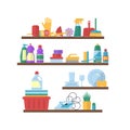 Vector cleaning flat elements on shelves illustration