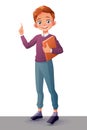 Vector clever smiling boy index finger pointing up with idea. Royalty Free Stock Photo