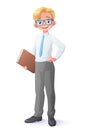 Vector clever smiling young school boy with eyeglasses holding book. Royalty Free Stock Photo