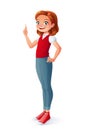 Vector clever smiling young teen girl index finger pointing up.