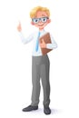 Vector clever young school boy with eyeglasses finger pointing up. Royalty Free Stock Photo