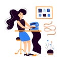 Vector clip-art girl seamstress sews on an electro-sewing machine. Flat illustration hand drawn on a white background. Shop of