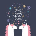 Vector, clip art, hand drawn. Once upon a time lettering, magical pastel art with two unicorns, fairy tale theme Royalty Free Stock Photo