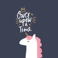 Vector, clip art, hand drawn. Once upon a time lettering, magical pastel art with unicorn, fairy tale theme Royalty Free Stock Photo