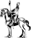 Vector clip art illustration of an armored knight on a scary black horse with red eyes charging or jousting with a lance