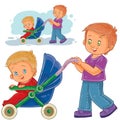 Vector clip art illustration older brother wheeled baby stroller with kids.