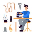 Vector clip-art man seamstress tailor sews on an electric sewing machine. Flat illustration hand drawn on a white background.