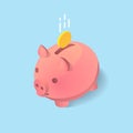A vector clip art of moneybox in the form of a pig with a coin falling into it. Concept of saving money in isometric 3D style and