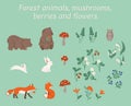 Vector clip art set, forest animals, mushrooms and wild berries