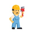 Vector clipart picture of a male mechanic cartoon character holding huge wrench Royalty Free Stock Photo