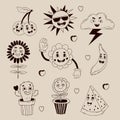 Vector clipart Retro groovy elements. Funny characters with faces funky flower power, daisy flower, cactus, flowerpot