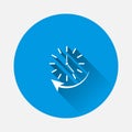 Vector clock and arrow icon indicating clockwise direction, time up icon on blue background. Flat image with long shadow