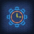 Vector clock in gear, productivity, time management neon sign. Vector illustration in neon style.