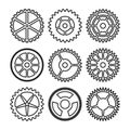 Vector Clock Gears. Outline Icons Set Clock Or Machine Wheel Mechanism. Mechanical, Technology Sign Isolated On White Background.
