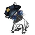 Vector close up portrait of police dog.French bulldog puppy wearing the peak cap and sunglasses. Royalty Free Stock Photo