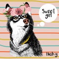 Vector close up portrait of siberian husky girl, wearing the flower wreath. Hand drawn domestic pet dog illustration. Royalty Free Stock Photo