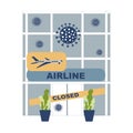 Vector Closing airlne, air company and everyone to quarantine Coronavirus concept. Airline building with plate closed, coronavirus