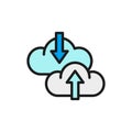 Vector cloud arrow, data transfer, download, loading flat color line icon.