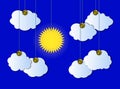 Vector Cloudy Sky, Sunny Weather, Pinned Cutout Clouds and Sun, Hanging Details.