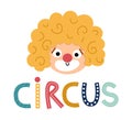 Vector clown face. Circus artist avatar clipart with lettering. Amusement holiday icon. Cute funny festival character clip art.