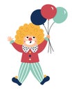 Vector clown icon. Circus artist clipart. Amusement holiday man flying on bunch of balloons. Cute funny festival character clip
