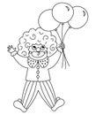 Vector clown line icon. Black and white circus artist clipart. Amusement holiday man flying on bunch of balloons. Cute funny