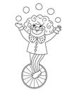 Vector clown line icon. Black and white circus artist clipart. Amusement holiday man on a wheel juggling balls. Cute funny