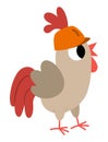 Vector cockerel in hard hat. Construction site worker illustration for kids. Funny builder rooster character. Cute bird repairmen